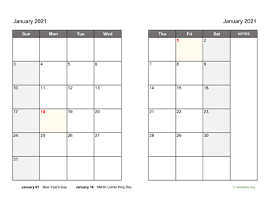 January 2021 Calendar on two pages