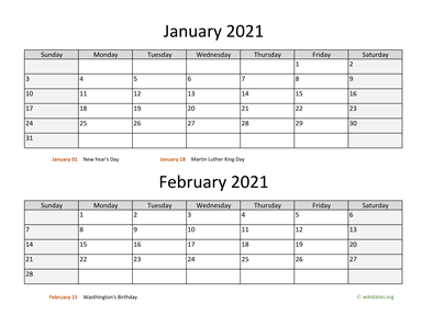 January and February 2021 Calendar Horizontal