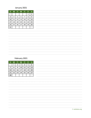 January and February 2021 Calendar with Notes