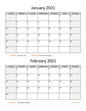 January and February 2021 Calendar Vertical