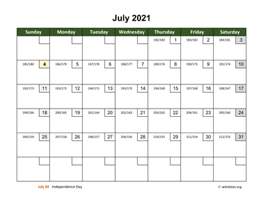 July 2021 Calendar with Day Numbers