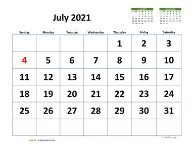 July 2021 Calendar with Extra-large Dates