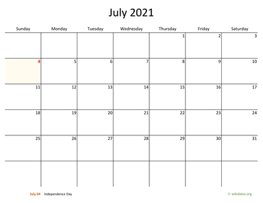 July 2021 Calendar with Bigger boxes