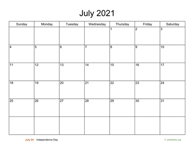 Basic Calendar for July 2021