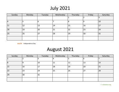 July and August 2021 Calendar Horizontal