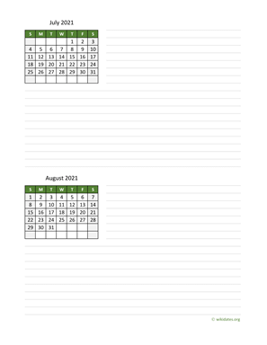 July and August 2021 Calendar with Notes