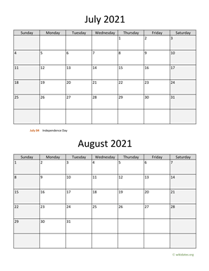 July and August 2021 Calendar Vertical