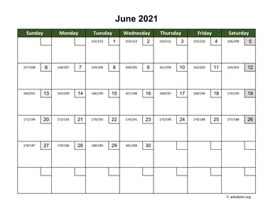 June 2021 Calendar with Day Numbers