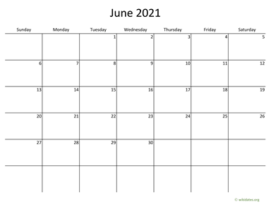 June 2021 Calendar with Bigger boxes