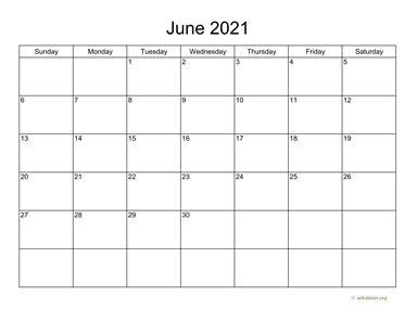 Basic Calendar for June 2021