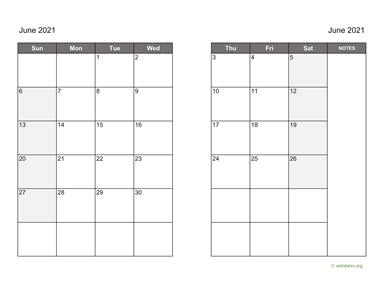 June 2021 Calendar on two pages