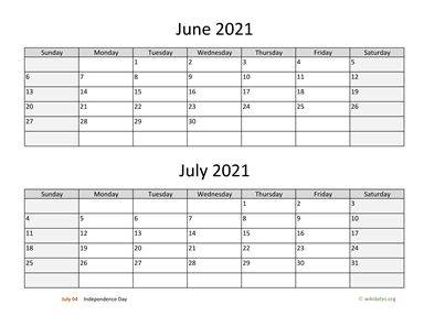 June and July 2021 Calendar Horizontal
