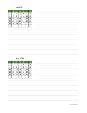 June and July 2021 Calendar with Notes