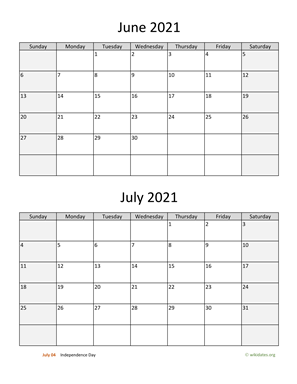 June and July 2021 Calendar Vertical