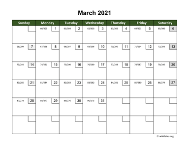 March 2021 Calendar with Day Numbers