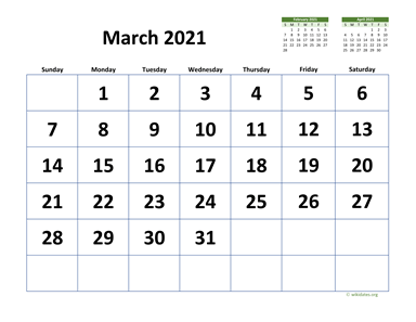 March 2021 Calendar with Extra-large Dates