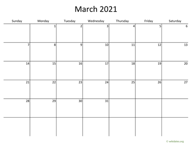 March 2021 Calendar with Bigger boxes