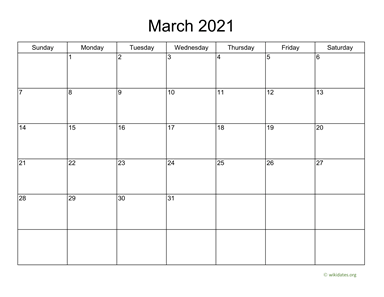 Basic Calendar for March 2021