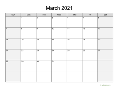 March 2021 Calendar with Weekend Shaded