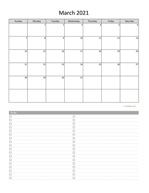 March 2021 Calendar with To-Do List
