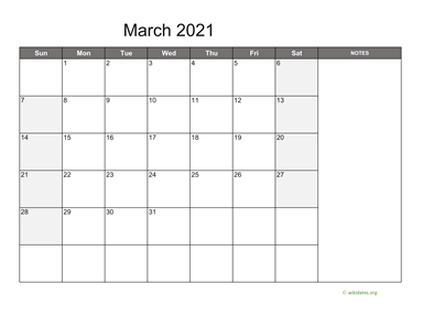 March 2021 Calendar with Notes