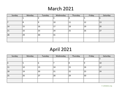 March and April 2021 Calendar Horizontal