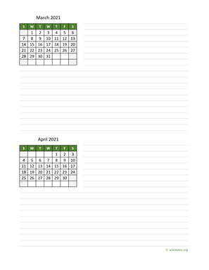 March and April 2021 Calendar with Notes