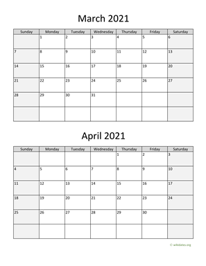 March and April 2021 Calendar Vertical