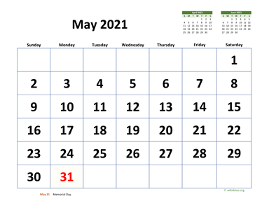 May 2021 Calendar with Extra-large Dates