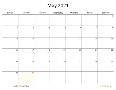 May 2021 Calendar with Bigger boxes