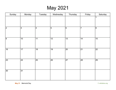 Basic Calendar for May 2021