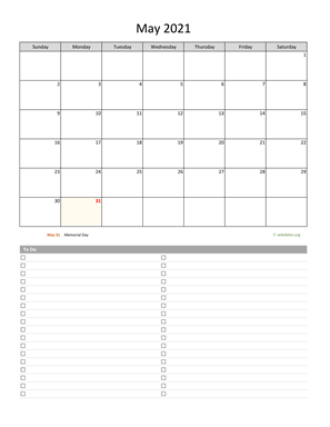 May 2021 Calendar with To-Do List