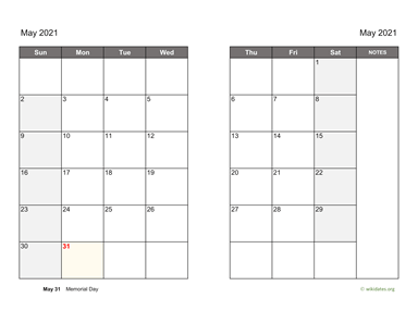 May 2021 Calendar on two pages