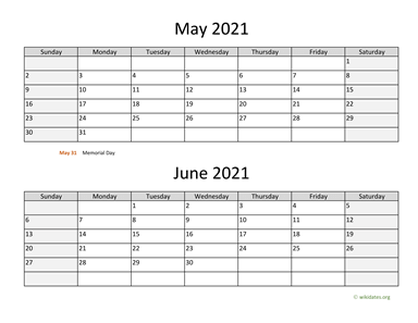 May and June 2021 Calendar Horizontal