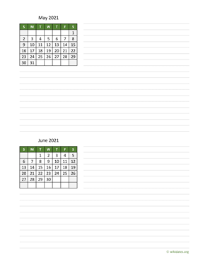 May and June 2021 Calendar with Notes