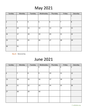 May and June 2021 Calendar Vertical