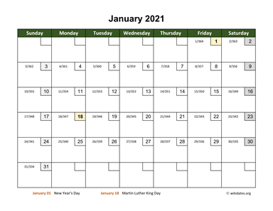 Monthly 2021 Calendar with Day Numbers