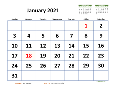 Monthly 2021 Calendar with Extra-large Dates