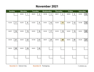 November 2021 Calendar with Day Numbers