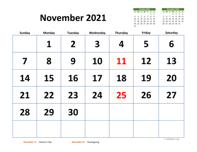 November 2021 Calendar with Extra-large Dates