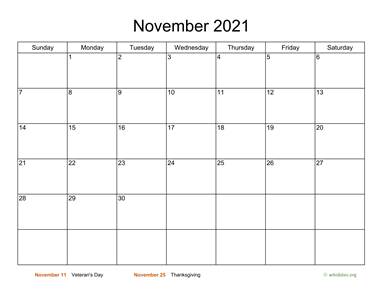 Basic Calendar for November 2021