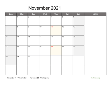 November 2021 Calendar with Notes