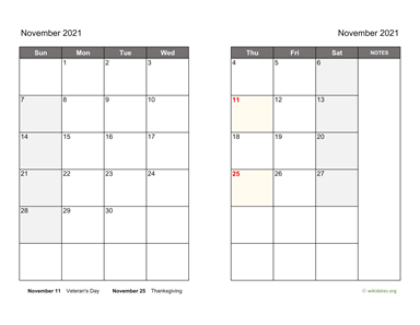 November 2021 Calendar on two pages