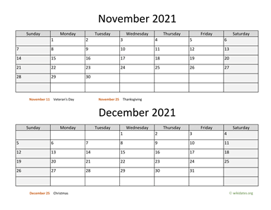 November and December 2021 Calendar Horizontal