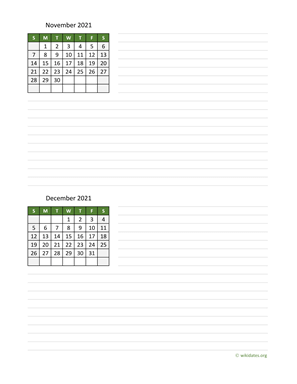 November and December 2021 Calendar with Notes