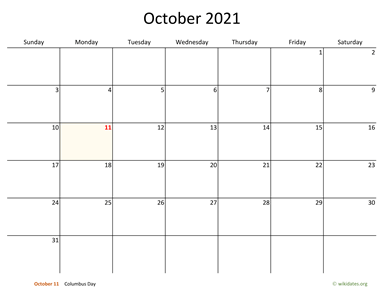 October 2021 Calendar with Bigger boxes