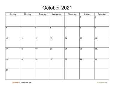 Basic Calendar for October 2021
