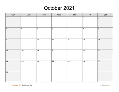 October 2021 Calendar with Weekend Shaded