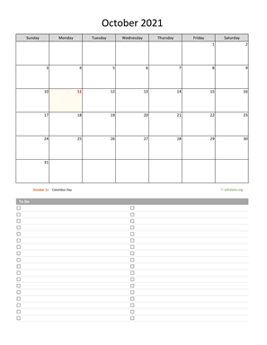 October 2021 Calendar with To-Do List