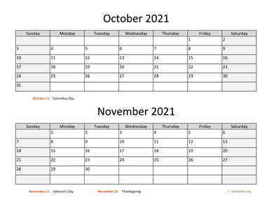 October and November 2021 Calendar Horizontal